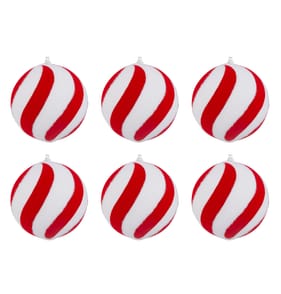 Winter Charm 10cm Striped Flocked Bauble 6 Pack - Red & White