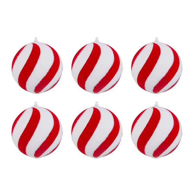 Winter Charm 10cm Striped Flocked Bauble 6 Pack - Red & White