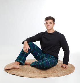 Originals Men's Long Sleeve Black Top & Green/Blue Check Bottoms Pyjama Set