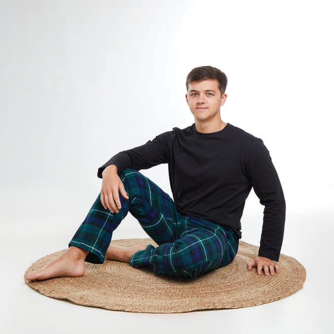 Originals Men's Long Sleeve Black Top & Green/Blue Check Bottoms Pyjama Set