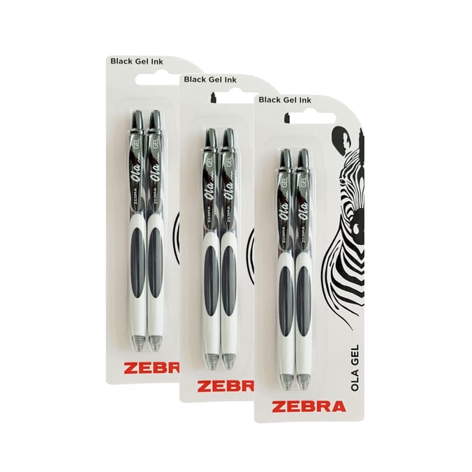 Zebra Ola Black Retractable Gel Pens 2 Pack x3
