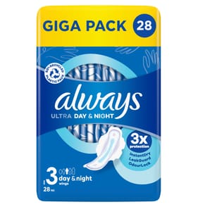  Always Ultra Pads Day & Night Sanitary Towels with Wings 28s - Size 3