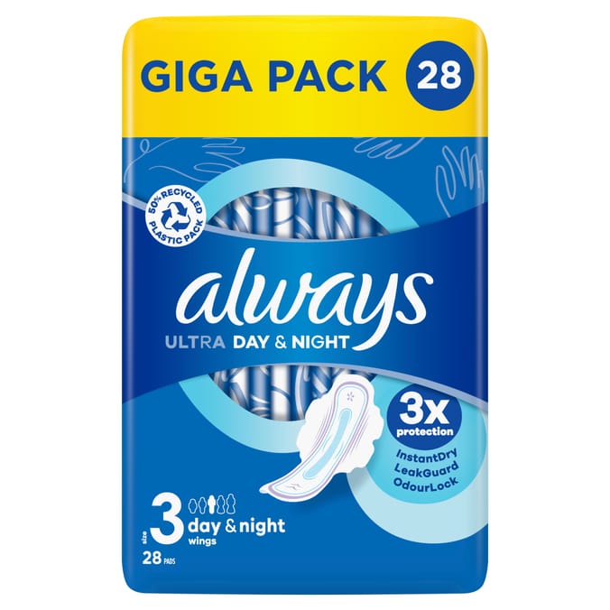 Always Ultra Pads Day & Night Sanitary Towels with Wings 28s - Size 3