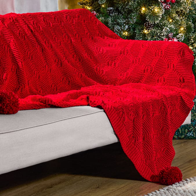 Festive Feeling Chenille Knit Pom Throw - Red