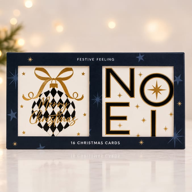 Festive Feeling Black & Gold Christmas Cards 16 Pack