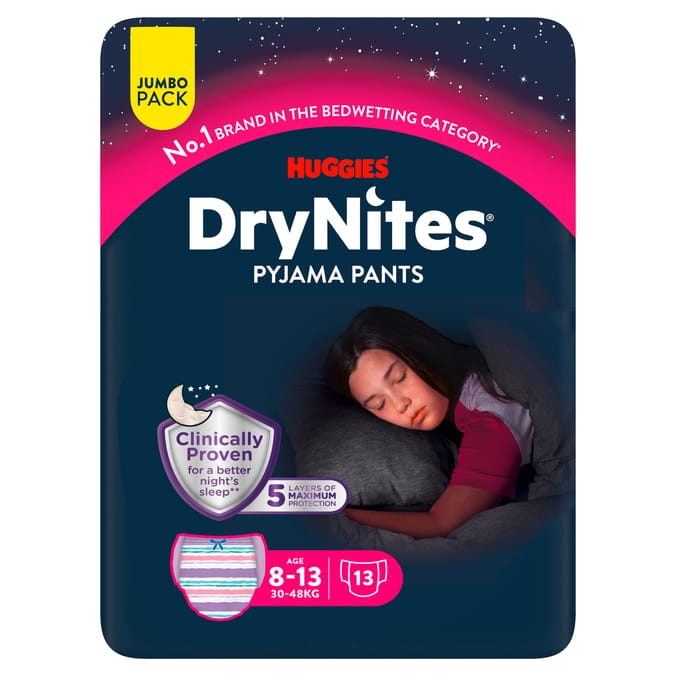 Huggies DryNites Bedwetting Pyjama Nappy Pants Girl Jumbo Pack 13's Age 8-13