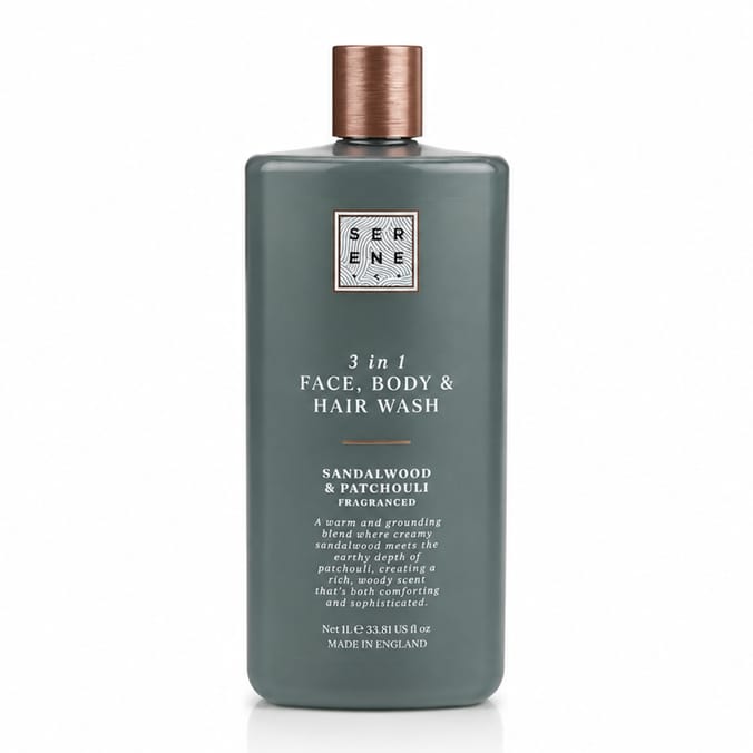 Serene 3 In 1 Face, Body & Hair Wash 1L - Sandalwood & Patchouli 