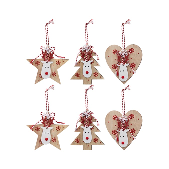 Festive Feeling Wooden Tree Decoration 6 Pack