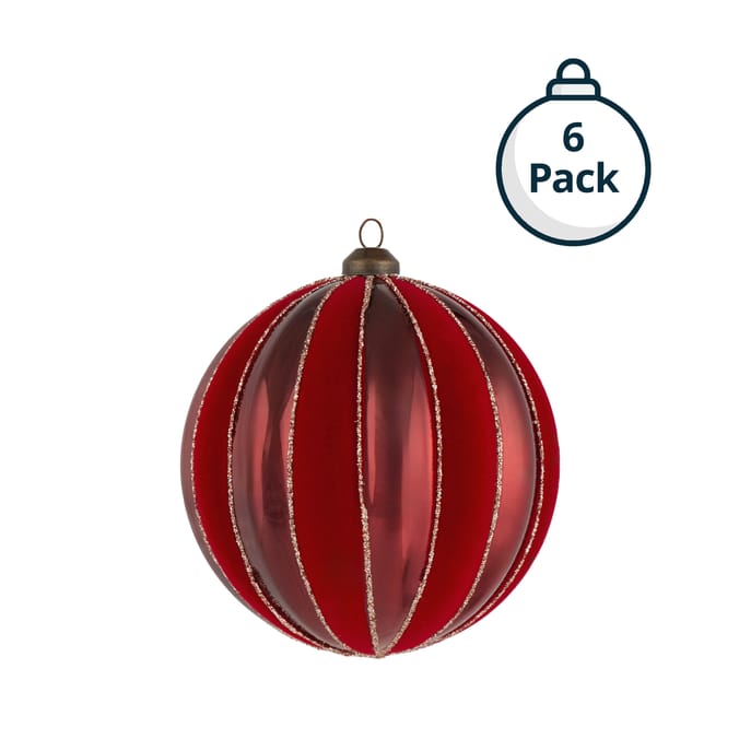 Festive Feeling Alpine Woods Flocked Stripe Christmas Bauble 6 Pack
