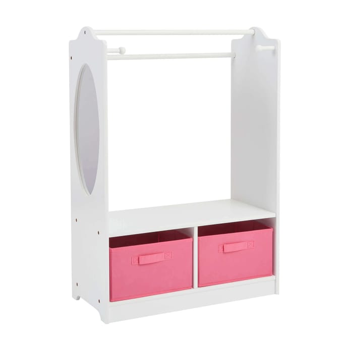Liberty House Toys White Wooden Dress Up Unit with Two Pink Storage Boxes