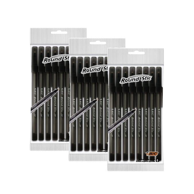 Bic Round Stic Ballpoint Black Pens 8 Pack x3