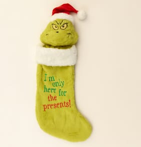 Grinch Stocking With Plush Head - I'm Only Here For The Presents!