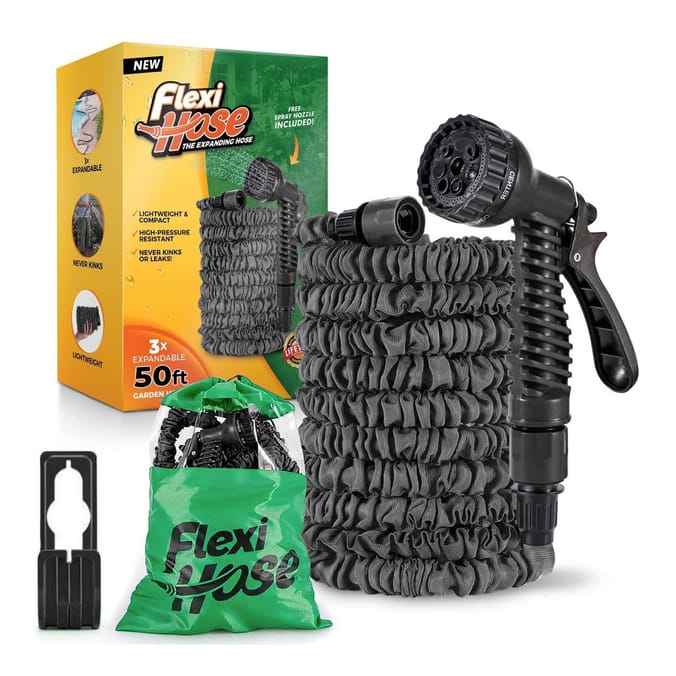  Flexi Hose Lightweight Expandable Garden Hose 50ft with 8 Function Spray Nozzle - Black