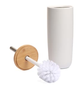  Bath Bamboo Lid Toilet Brush & Ceramic Holder - White