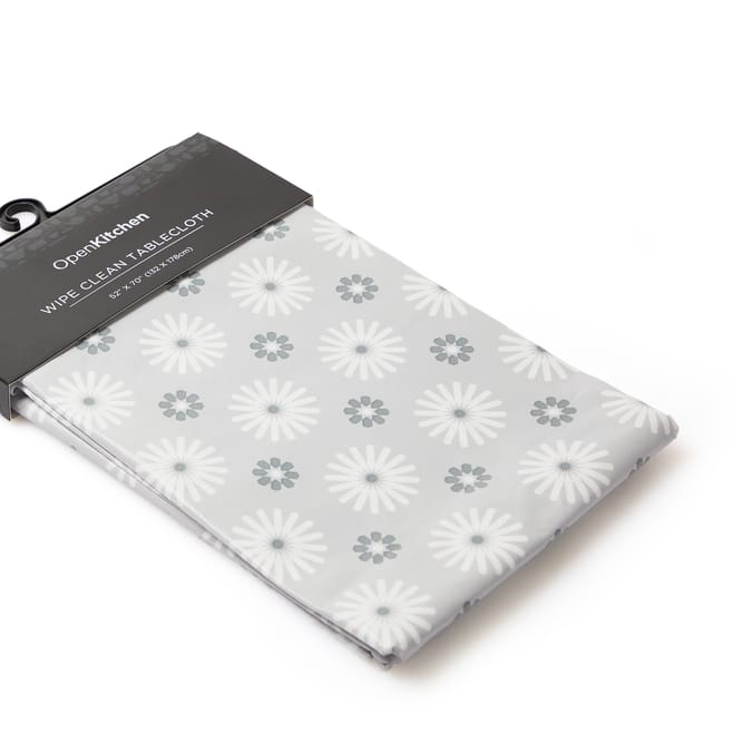 Open Kitchen Wipe Clean Tablecloth - Grey with White Flowers