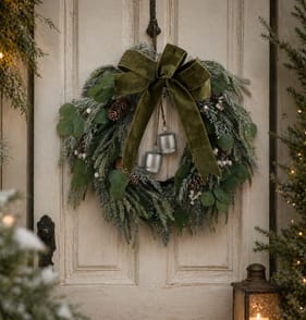 Festive Feeling Faux Pine Snowy Bells Wreath