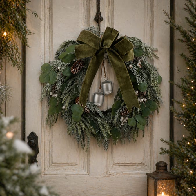 Festive Feeling Faux Pine Snowy Bells Wreath
