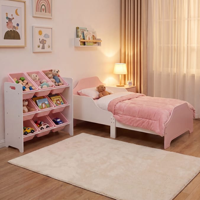 Liberty House Toys Two Tone Toddler Bed and 9 Bin Storage Unit Set - White & Pink