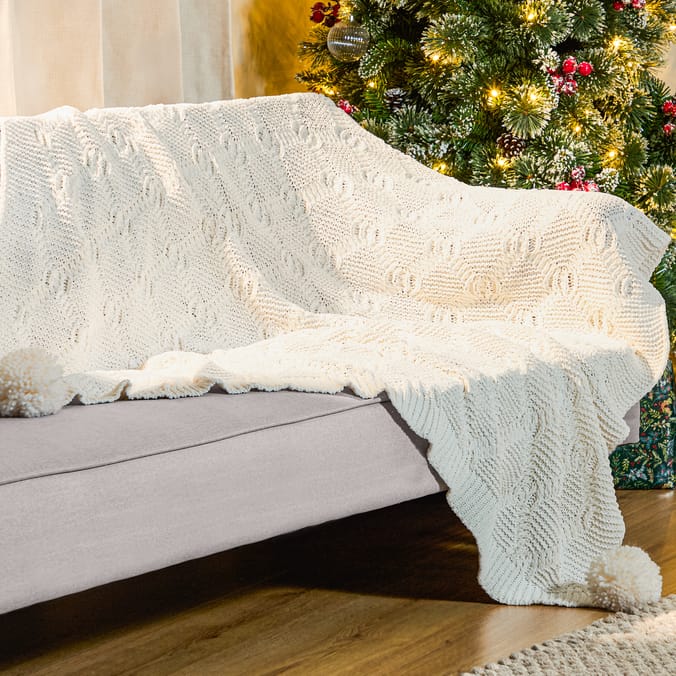 Festive Feeling Chenille Knit Pom Throw - Cream