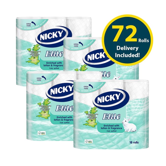 Nicky Elite Quilted 3 Ply Toilet Rolls 18 Pack x4 (Delivery Included)