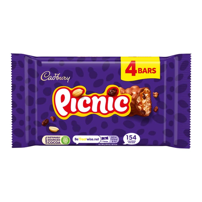 Cadbury Picnic Chocolate Bar 4 Pack Multipack 128g