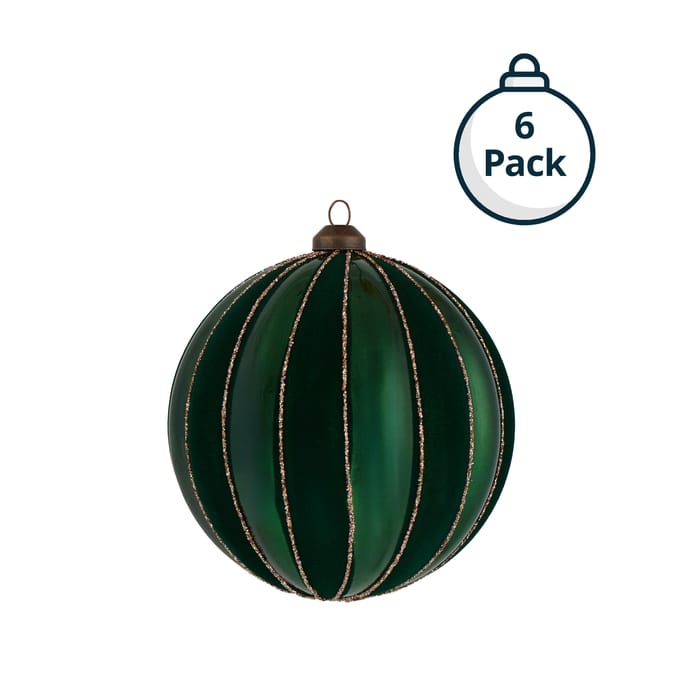 Festive Feeling Alpine Woods Flocked Stripe Christmas Bauble 6 Pack