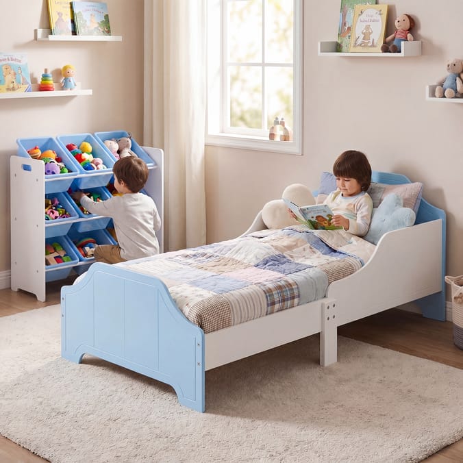 Liberty House Toys Two Tone Toddler Bed and 9 Bin Storage Unit Set - White & Blue