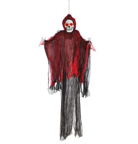 Haunted House Light Up Hanging Ghost Red Reaper,  Create a spine-chilling scene and make your Halloween night unforgettable with the Halloween Light-Up Animated Red Reaper!