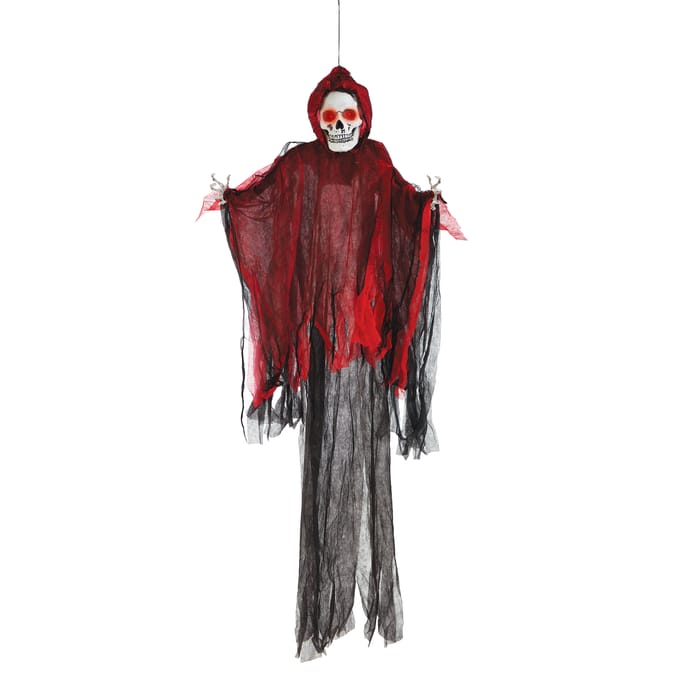 Haunted House Light Up Hanging Ghost Red Reaper,  Create a spine-chilling scene and make your Halloween night unforgettable with the Halloween Light-Up Animated Red Reaper!