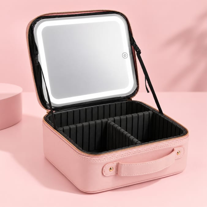 Pink Portable Cosmetic Case with LED Mirror