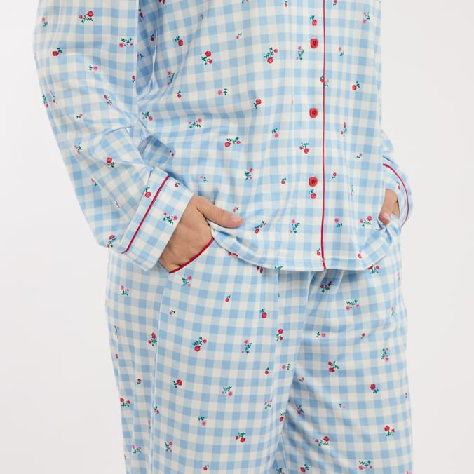 Originals Ladies Blue Checked Floral Pyjamas