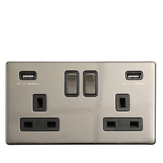 Pifco 13A Black Nickel Double USB Socket