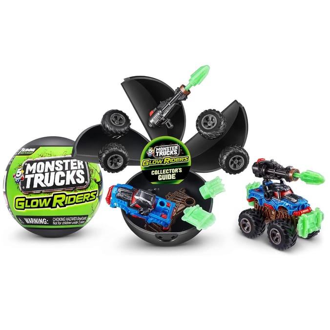 Unbox, build, battle, and race with 5 Surprise Monster Trucks Glow Riders Mystery Capsules.