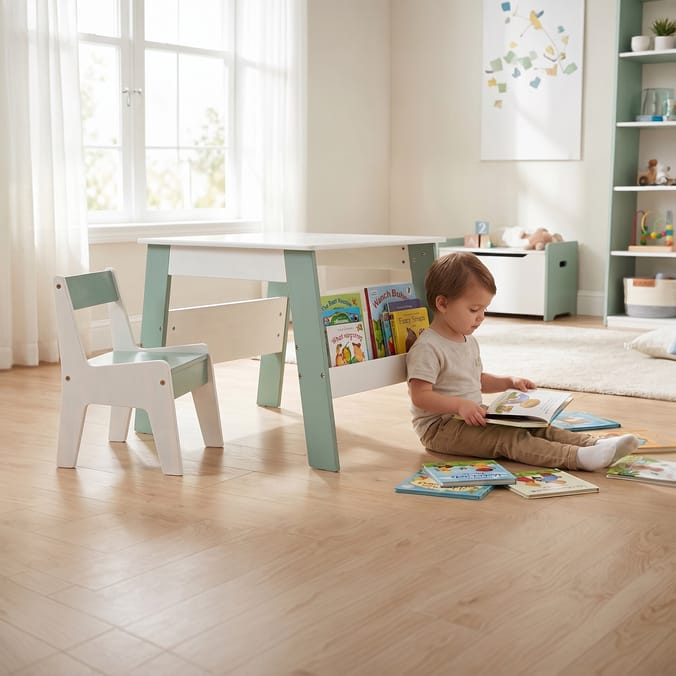 Liberty House Toys Kids Bookshelf Table And Chair - White & Forest Green