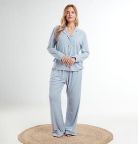 Originals Ladies Blue Ribbed Button Down Pyjama Set 