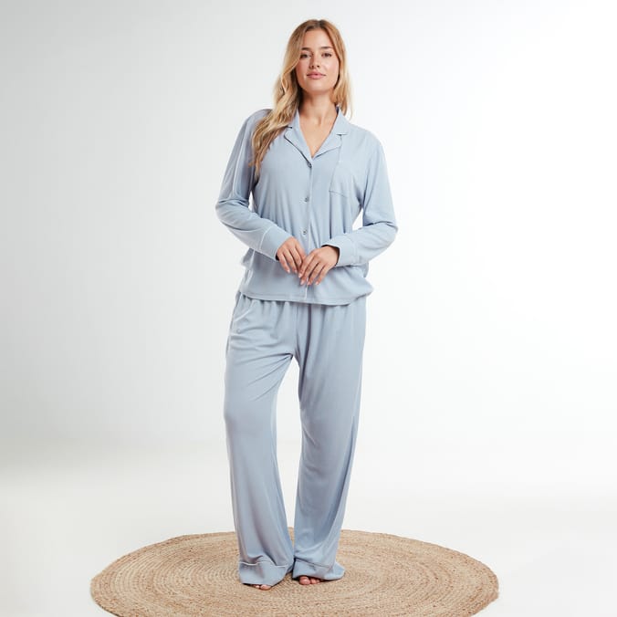 Originals Ladies Blue Ribbed Button Down Pyjama Set 