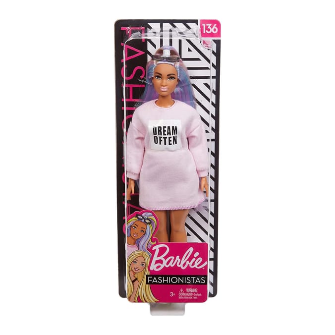 Barbie Fashionistas Doll with Long Rainbow Hair Wearing Sweatshirt Dress