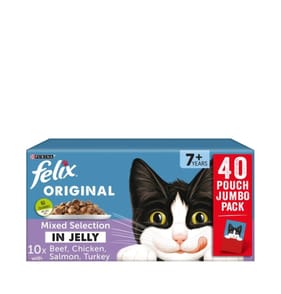 Felix Original 7+ Mixed Selection in Jelly (Beef, Chicken, Salmon, Turkey) Wet Cat Food Pouches 40x100g