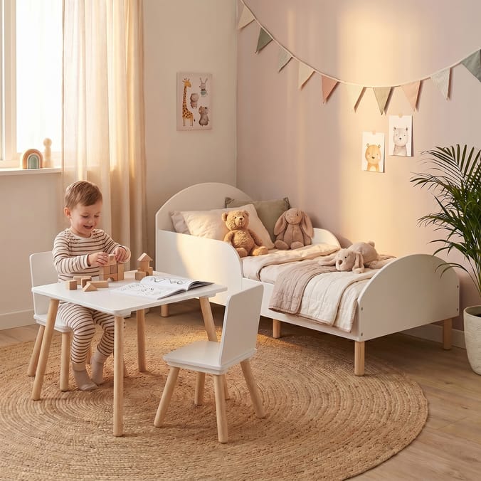 Liberty House Toys Toddler Bed and Table and Two Chairs Set - White