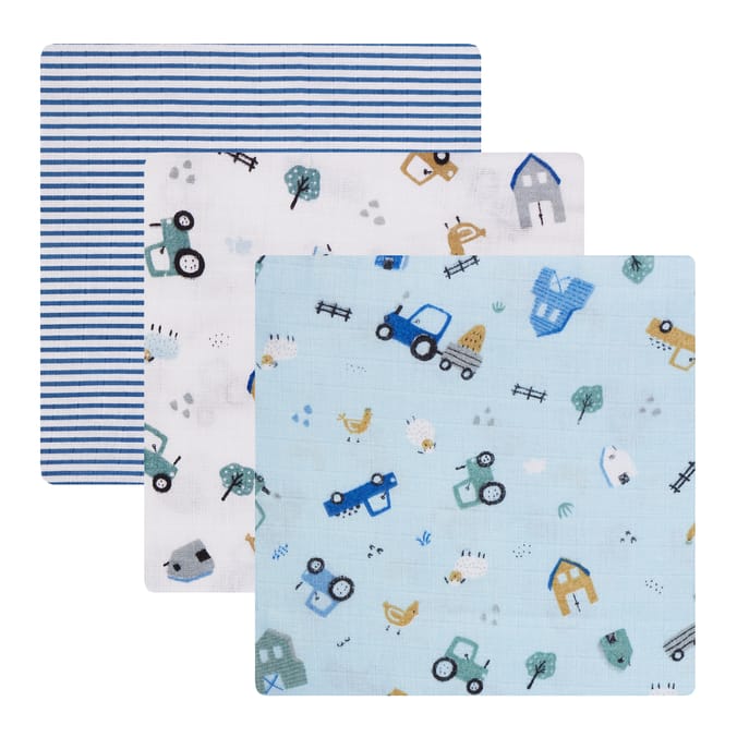 Pure Baby Muslin Cloth 3 Pack - Blue