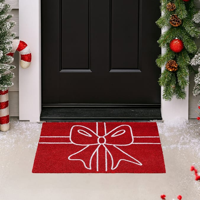 Festive Feeling PVC Coir Door Mat - Red Bow