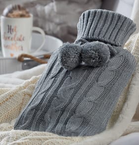 Warm At Heart Knitted Pom-Pom Hot Water Bottle - Grey