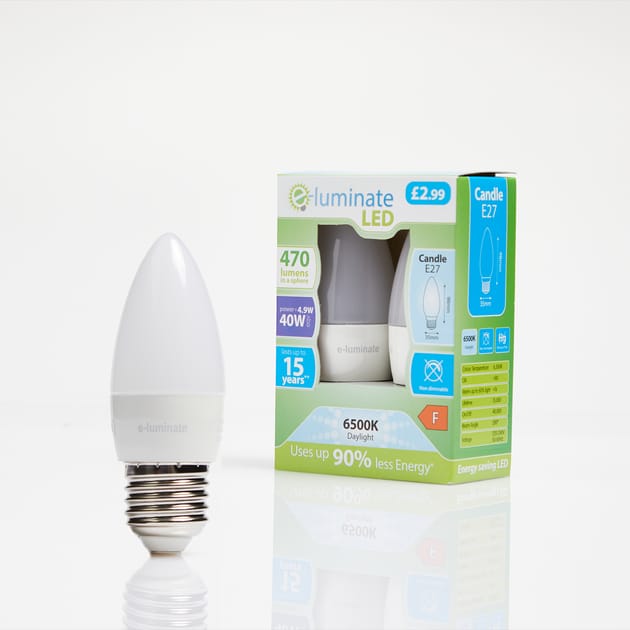 E Luminate LED Candle E27 Daylight Light Bulb 2 Pack 470 Lumens Home Bargains