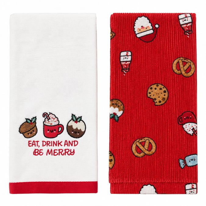  Festive Feeling Tea Towels 2 Pack - Eat, Drink & Be Merry   