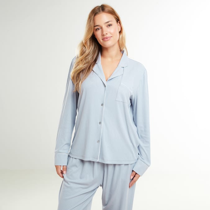 Originals Ladies Blue Ribbed Button Down Pyjama Set 