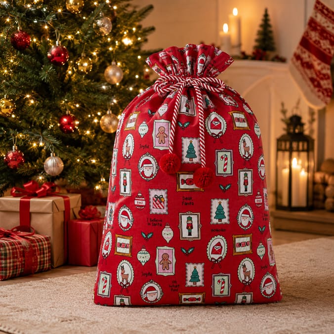 Sleigh Bells Large Canvas Novelty Christmas Sack - Red Stamps