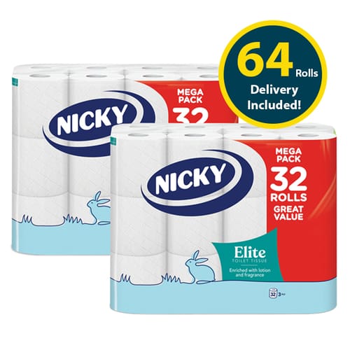 Nicky Elite 3 Ply Quilted Toilet Rolls 64 Pack Delivery included Home Bargains