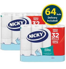 Nicky Elite Quilted 3 Ply Toilet Rolls 64 Pack (Delivery included)