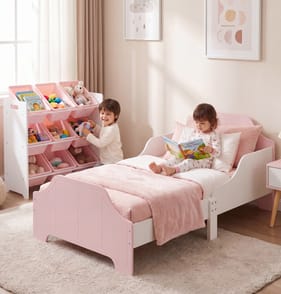 Liberty House Toys Two Tone Toddler Bed and 9 Bin Storage Unit Set - White & Pink
