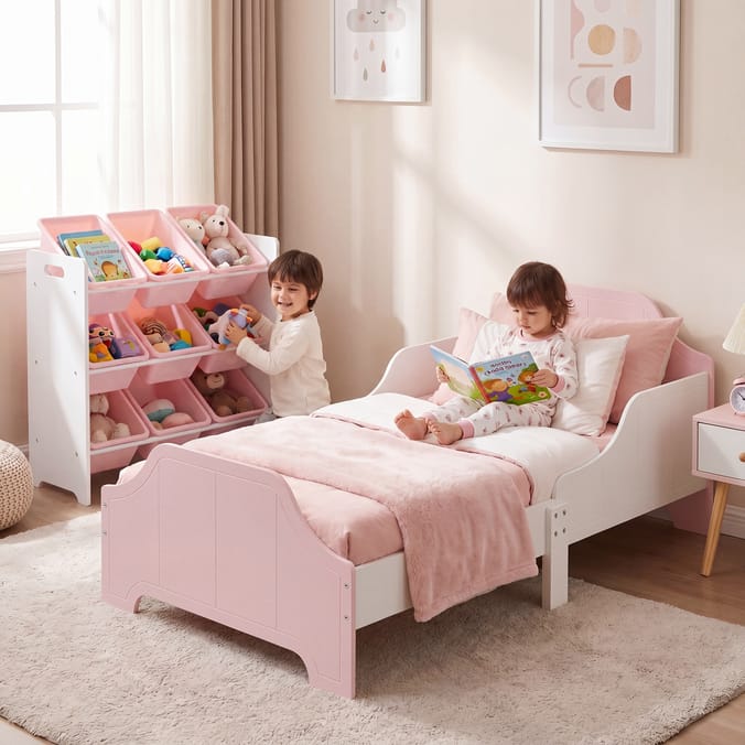 Liberty House Toys Two Tone Toddler Bed and 9 Bin Storage Unit Set - White & Pink